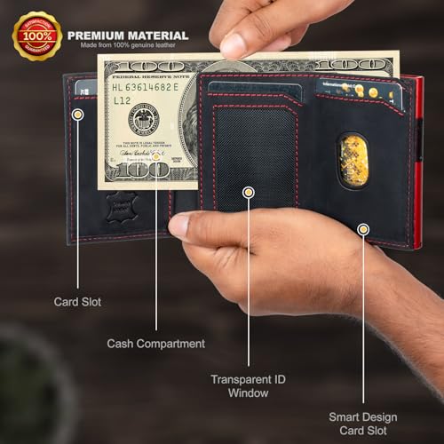 Image of AirTag Wallet - Full Grain Leather, Mens Minimalist Wallet with Apple Air Tag Holder, Slim Smart Pop up Card Case, ID Window, RFID Blocking Wallet for Men and Woman Black /Red