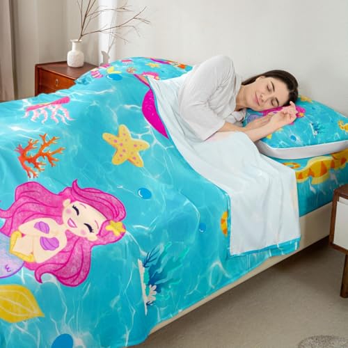 Image of jejeloiu Mermaid Bed Sheets Sets Full Size Kids Boys Girls Tropical Ocean Bedding Set Blue Pink Bed Sheet Set with 16-Inch Deep Pockets Mermaid Tail 4Pcs with 2 Pillow Cases