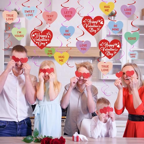 Image of 54Pcs Happy Valentine's Day Hanging Swirls Party Decorations Conversation Hearts Candy Hanging Swirls Banner Garland for Anniversary Valentines Day Home Office Classroom Decorations
