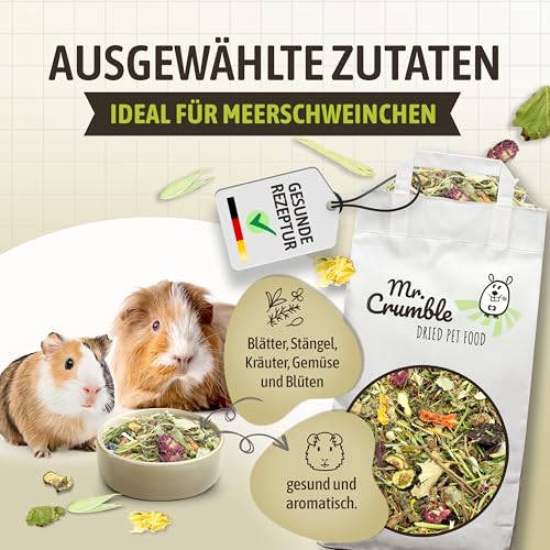 Mr. Crumble Meerschweinchen-Futter – 100 % natürlich, getreidefrei, ohne Pellets – mit Blüten & Kräutern – rohfaserreiches Strukturfutter für gesunde Verdauung – 5 kg