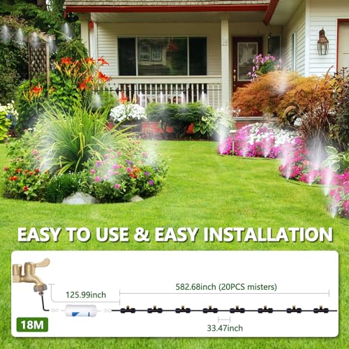 Misters for Outside Patio with Water Filter - 59Ft(18M) Misting system Line 20 Brass Mist Nozzles Brass Adapter(3/4\") Patio Misters for Cooling Outdoor Greenhouse Backyard Porch Garden BBQ Party Pool