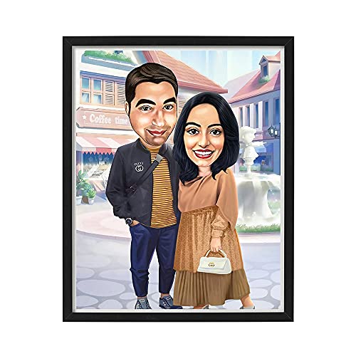 Image of DK Decors Personalized Caricature Photo Frame Custom Cartoon Portrait from Photo, Outing Holiday Vacation Gift for Couple, Husband & Wife (8x10 Inch)