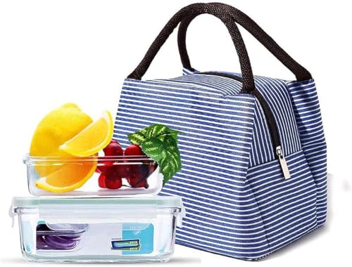 Image of Insulated Lunch Bag for Office, School, Men, Women, Hot & Cold Lunch Box, Tiffin Pouch (Blue Horizontal Strip Lunch Bag)