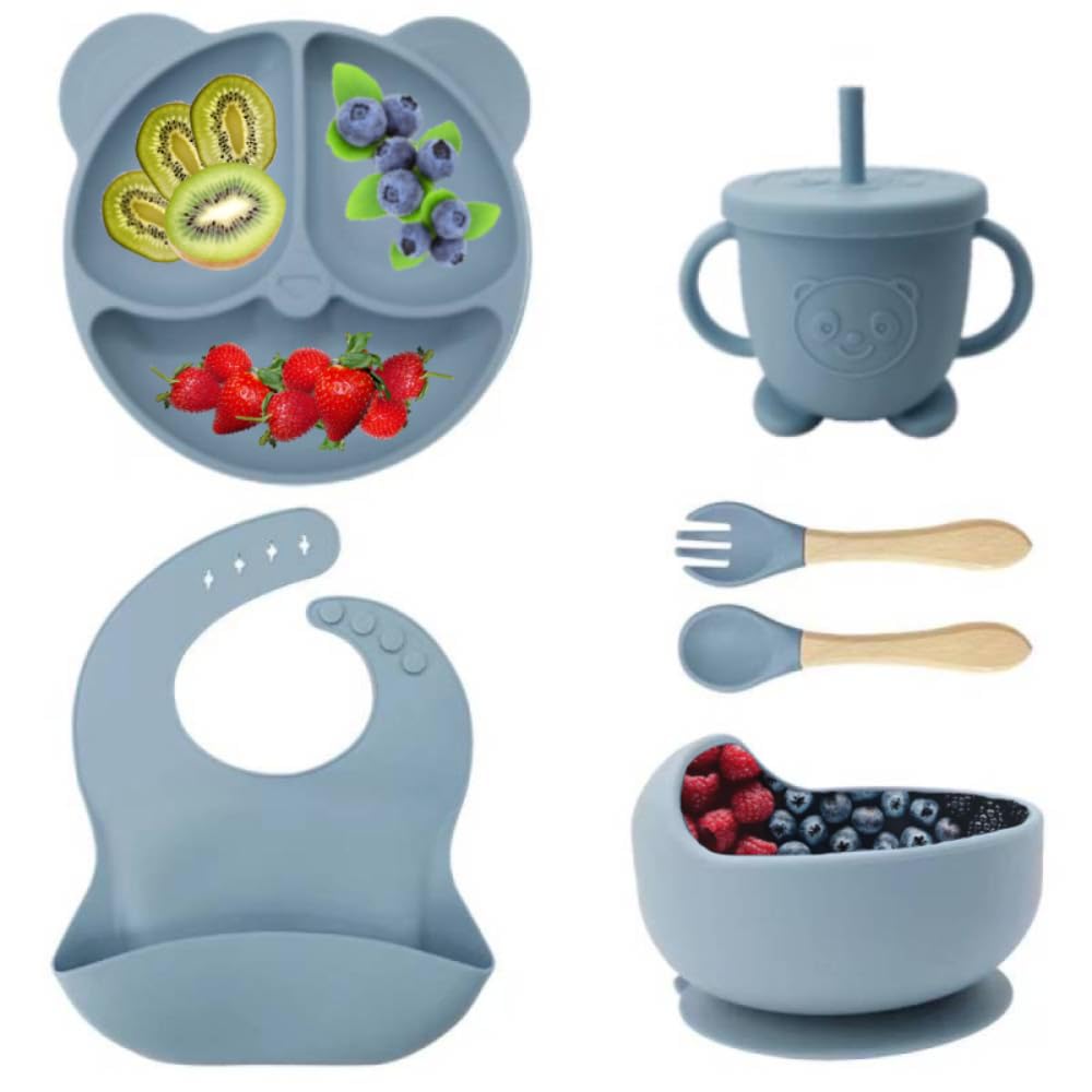 Eliano 6-teiliges Silikon Baby Geschirr Set – BPA-frei – Rutschfester Teller & Schüssel, Lätzchen, Trinklernbecher mit Strohhalm & Besteck – Baby Led Weaning Set (Blau)