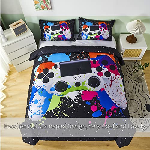 Rynghipy 3D Gamepad Gamer Bedding Comforter Sets, Tie Dye Splatter And Splotches Design Games Console Action Buttons Comforter Set For Gamer Room Decor (Black,Queen) #TOP1