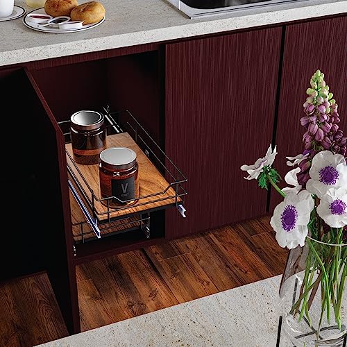 Home Zone Living 2 Tiers Organizer, Kitchen Under Sink Storage, Pantry Organizers And Storage, Pull Out Cabinet Shelf Organizer, 12”W X 20”D, Satin Nickel Light Brown Wood Finish, Virtuoso Collection #TOP7