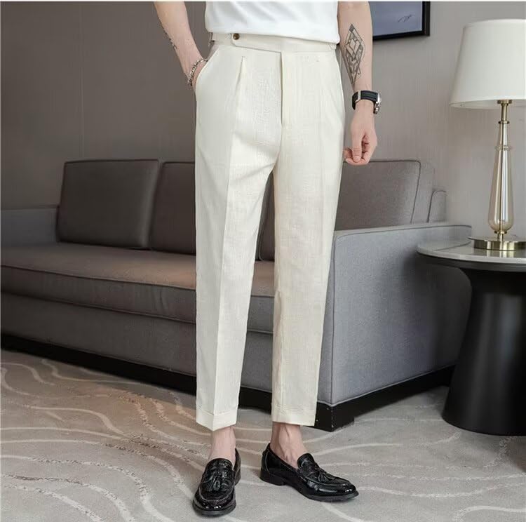 Men’s Cotton Linen Dress Pants Summer Casual Gurkha Suit Trouser Lightweight Retro Business Suit Pants Long for Men3