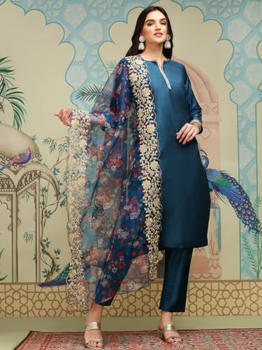 Image of ishin Notch Neck Thread Work Silk Crepe Straight Kurta with Trousers & Dupatta | Kurta set for women | Kurta with trousers and dupatta