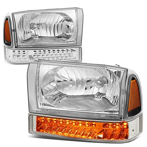 Auto Dynasty Headlights Assembly Compatible with 1999-2004 Ford F-250 F-350 Super Duty, Driver Passenger Side Halogen Headlamps Replacement w/Bumper Lamp, LED Turn Signal, Chrome Housing Amber Corner