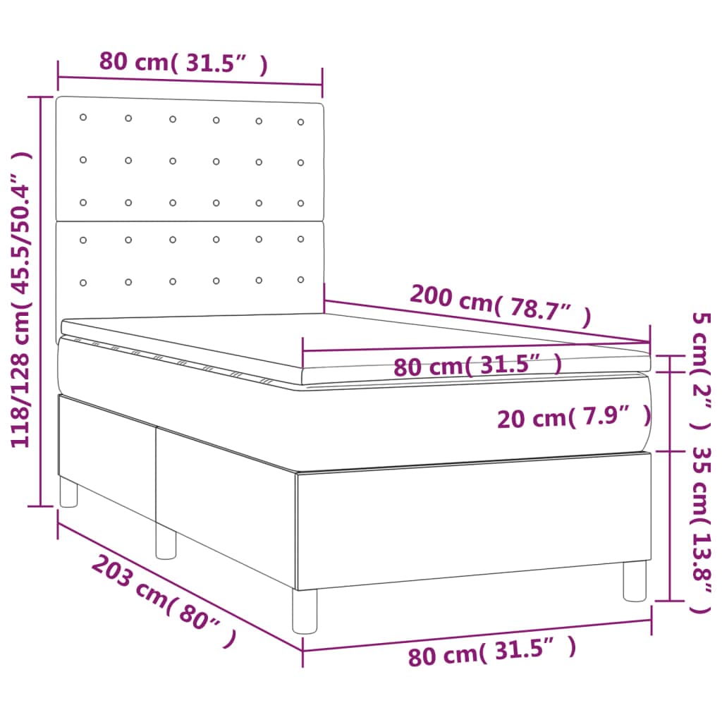 Aksamitne łóżko kontynentalne z LED regulowanym zagłówkiem 80x200 cm szary | Łóżko kontynentalne z materacem i LED aksamit szary 80x200 cm sypialnia oświetlenie