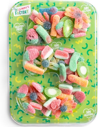 Gommy's Factory, Party Numbers nº 5 SIN GLUTEN. Tarta de gominolas para cumpleaños y celebraciones con forma de números. 500g chuches