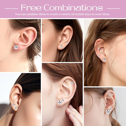 6-Pair Hypoallergenic Back Stud Earrings Set for Sensitive Ears, 316L Stainless Steel Cubic Zirconia Jewelry (3-8mm) with Secure Lock for–Unisex Gift for Women & Men, Travel3