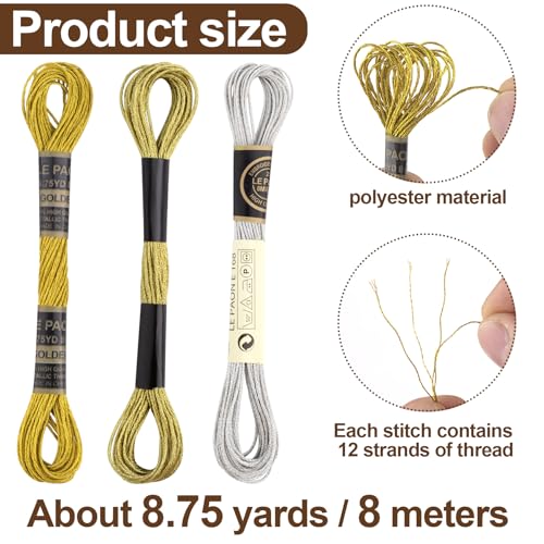 Image of 3 Skeins Metallic Embroidery Floss, Glitter Embroidery Thread String, Polyester Cross-Stitch Threads for Hand Embroidery, String Art, DIY Bracelet- Gold & Silver & Yellow