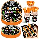 Jremreo 175 Pcs Halloween Tableware Party Supplies Set - Serves 25, Spooky Happy Halloween Disposable Dinnerware, Includes Plates, Cups, Napkins, Forks, Spoons, Knives for Trick or Treat Favors
