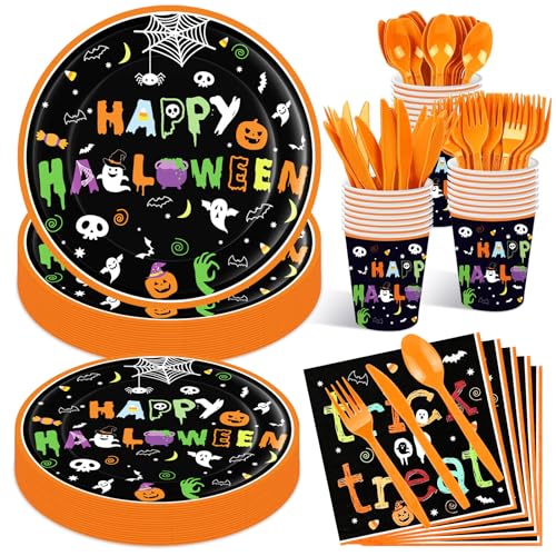 Jremreo 175 Pcs Halloween Tableware Party Supplies Set - Serves 25, Spooky Happy Halloween Disposable Dinnerware, Includes Plates, Cups, Napkins, Forks, Spoons, Knives for Trick or Treat Favors