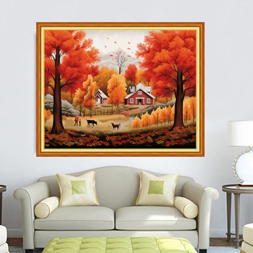 Image of DMCVIVR Stamped Cross Stitch Kits for Adults Beginners Embroidery Kits 11CT Needlepoint Kits Cross Stitch Patterns Embroidery Patterns-Beautiful Late Autumn 16x20 inch, Handicrafts 40