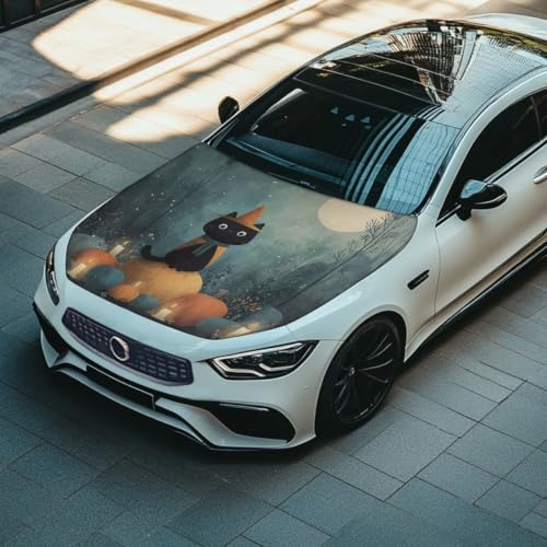 Image of Cute Black Cat Halloween Print Car Hood Cover Easy to Install Fabric Hood Cover Halloween Vehicles Decorate Engine Removable Automotive Accessories Personalized Suitable for Cars(59x39 Inch)