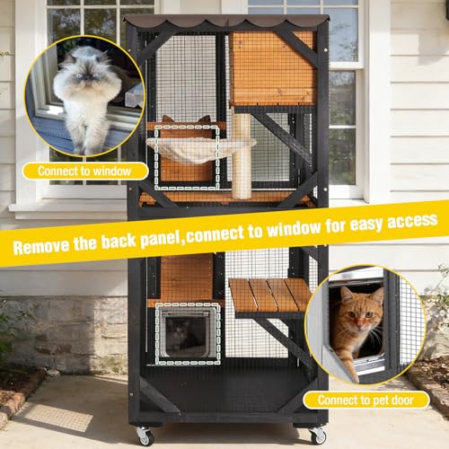 Image of 62.8'' Cat Catio Enclosure, Multi-Level Cat Cage with Jumping Platforms, Sisal Scratching Post & Weatherproof Roof Cover, Solid Fir Wood Cat House for Indoor Outdoor Use, Brown (Fits 2-3 Cats)