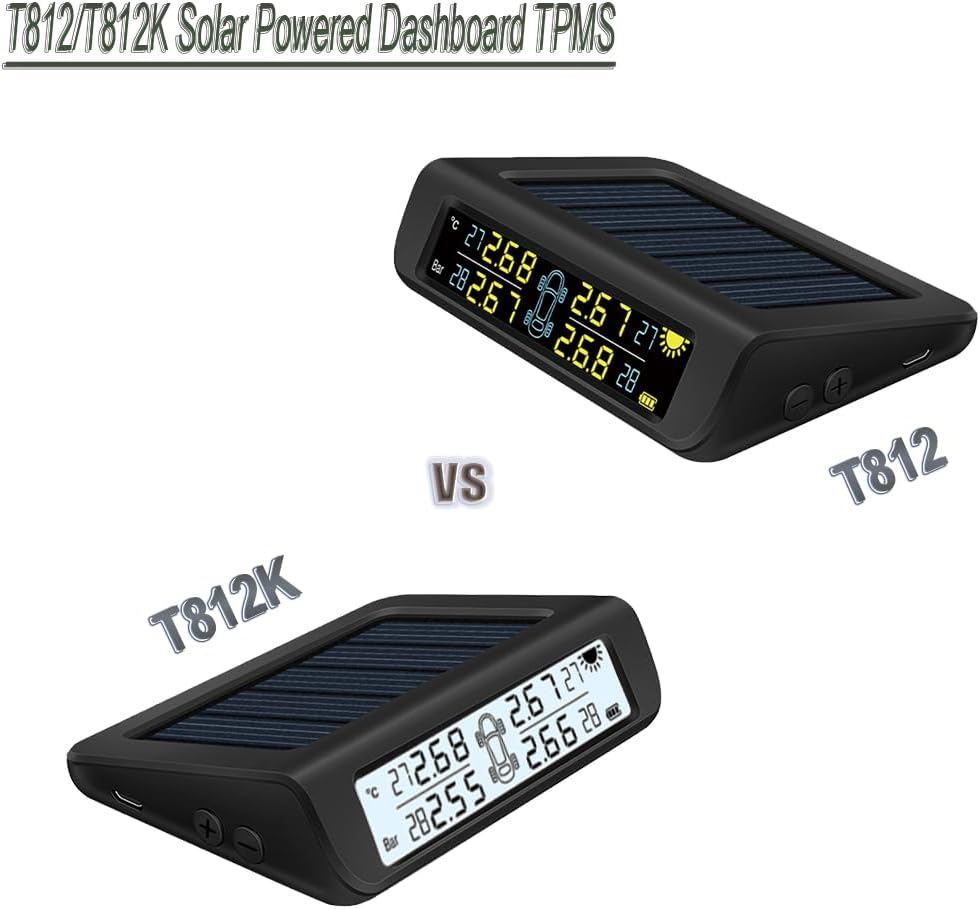 Universal Wireless TPMS Tire Pressure Monitor System Solar/USB Powered 4pcs Internal/External Sensors Real Time Monitoring Pressure Temperature LCD Display (with 4pcs Internal sensors, T812K)