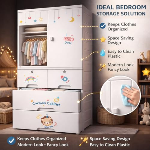 Image of AYSIS Kids Plastic Collapsible Wardrobe Organizer for Storage with Drawers | Cute Cartoon Design | Heavy Duty Cloth Organizer for Storage | Easy to Assemble | Perfect for Kids Room & Home | Lionwhite