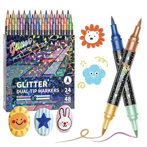 48 Colors Glitter Effect Brush Markers Dual Tip Sparkling Art Markers Smoothly Glide With Shimmer Effect Quick Drying 24 Pcs for Drawing DIY Crafts & Writing