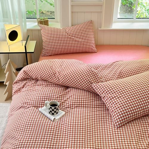 Image of LifeTB Gingham Comforter Set King Vintage Plaid Checkered Pattern Comforter Lightweight Soft Gingham Bedding Red Orange Grid Comforter with 2 Pillowcases Farmhouse Checkered Comforter Set