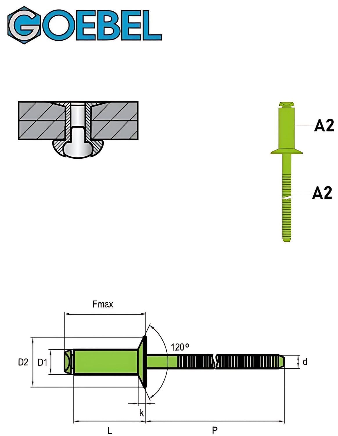 GOEBEL® 1000 remaches de cabeza avellanada con mandril estriado de acero inoxidable A2 (V2A) 3,0 x 10,0 mm con cabeza avellanada ISO15984 Remaches avellanados con mandril estriado Remaches