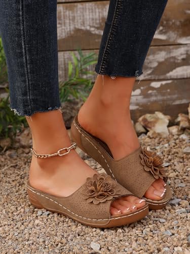 Women's Summer with Flower Decoration, Hand-sewn Outsole, Lightweight Fashion Comfortable Soft Sweet Elegant Wedge Waterproof Platform Slippers3
