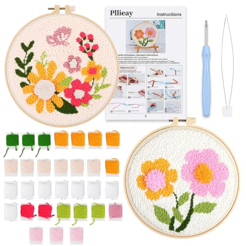 Image of PATPAT 2 Sets of DIY Punch Needle Kits Cute Tufting Art Craft Needle Embroidery Kit with Hoop Flower Pattern for Craft Lovers Beginners DIY Home Decor