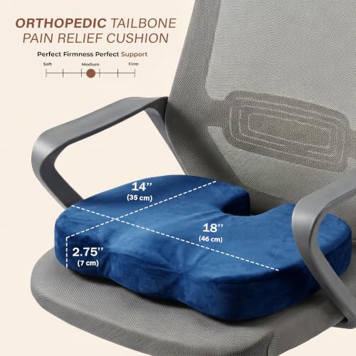 Image of Orthopaedic Memory Foam Coccyx Seat Cushion-(2 Year Warranty) - (18 inchx14 inchx3 inch) Tailbone & Sciatica Relief, Extra Support for Long Sitting,Non-Slip for Office /Home Chairs,Upto 100 kg - Velvet Blue