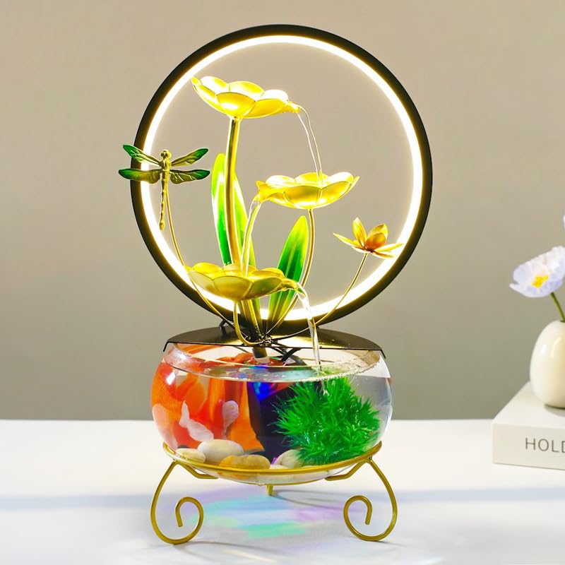 Golden Tabletop Fountains Indoor Lotus Leaf Relaxation Fountains Fish Tank Tabletop Waterfall Decoration Fountain Home Office Landscape fengshui Decor Zen Relax Gift (Lotus)