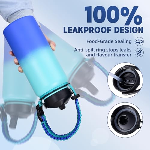 Image of Insulated Water Bottle, 32 oz Stainless Steel Wide Mouth Water Bottles with 2 Leak Proof Lid and Paracord Handle, Double Wall Vacuum Insulated Sports Water Bottle, Teal Blue