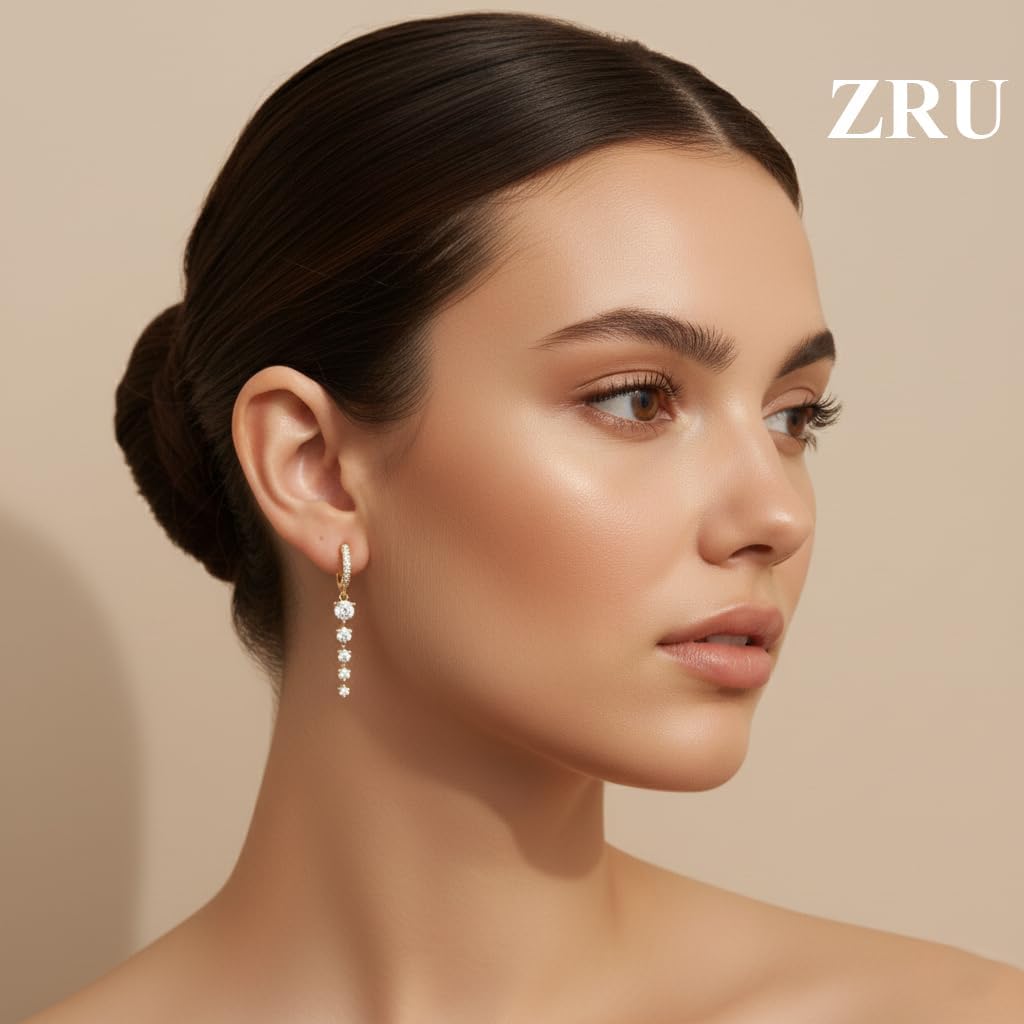 ZRU Gold Dangle Hoop Earrings for Women, Trendy 14K Gold Plated Huggie Hoops with Long Cubic Zirconia Drop, Hypoallergenic Long Drop Earrings Round CZ Hanging Jewelry Gifts for Her - Image 8