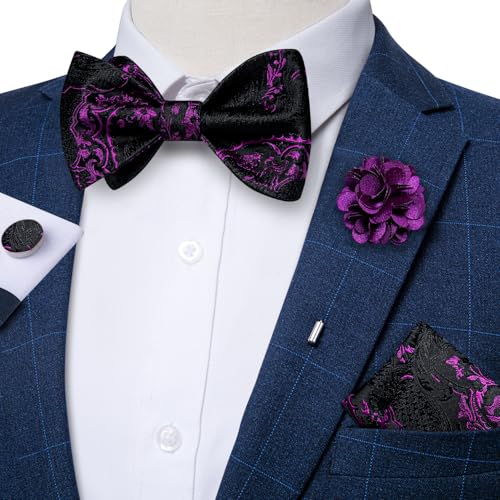 Image of DiBanGu Paisley Bow Ties for Men Silk Self Tied Bowtie and Pocket Square Cufflinks with Lapel Pin for Wedding Party