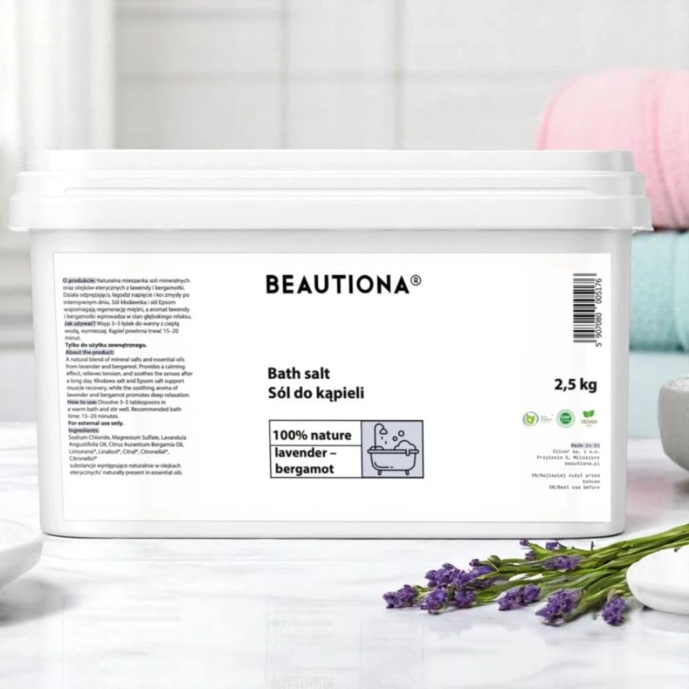 Sól do kąpieli lawenda i bergamotka 2,5 kg, naturalna relaksująca kąpiel z olejkami eterycznymi, bez parabenów i barwników, do wanny i kąpieli stóp