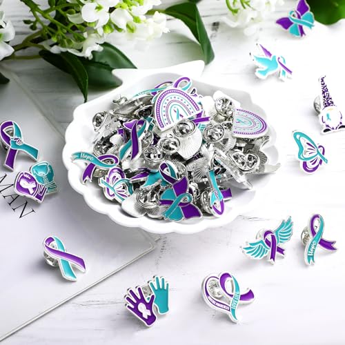 Suicide Awareness Pins Enamel Suicide Prevention Pins Teal and Purple Ribbon Lapel Pins Sexual Assault Awareness Pin Bulk for Social Public Charity Campaign Supplies, 12 Styles3
