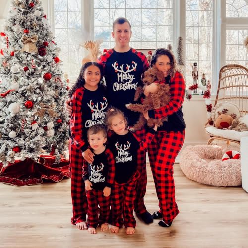 Image of IFFEI Matching Family Pajamas Sets Christmas PJ's with Letter and Plaid Printed Long Sleeve Tee and Bottom Loungewear
