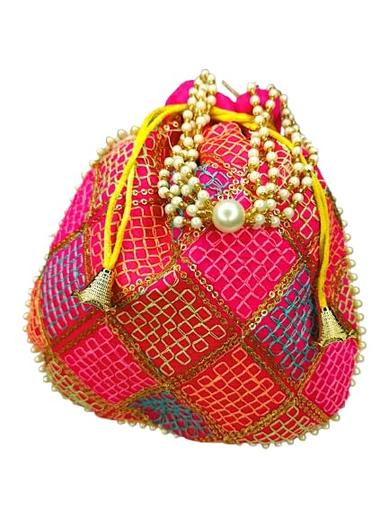 Multicolor Potli Bag with Pearl Handle and Golden Latkan, Ethnic Silk Batwa Clutch with Drawstring Closure, Elegant Wristlet Design for Traditional and Festive Occasions-image-27