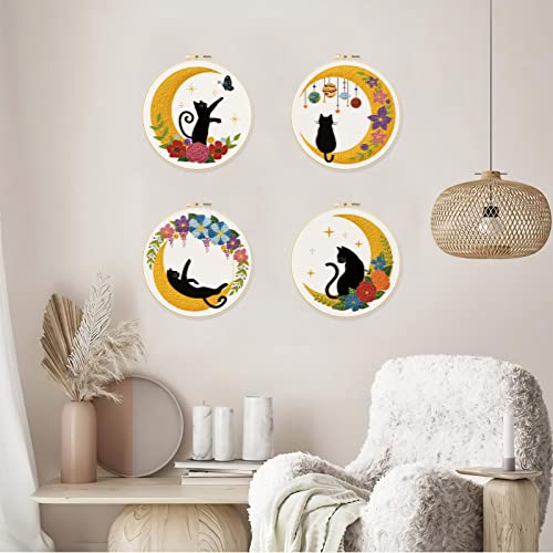 Image of ORIGACH 4 Pack Cat Moon Embroidery Kits for Beginners, DIY Starter Hand Embroidery Kit with Moon Floral Patterns and Instructions
