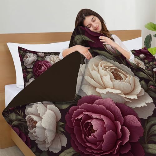 Housse de couette 140x200 pivoine rose et verte avec taie d'oreiller 65x65