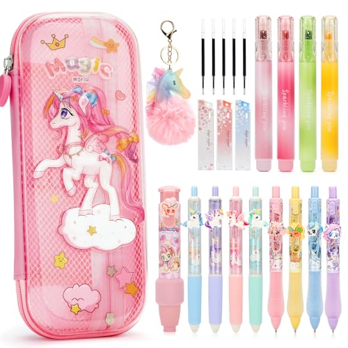 SKAMORI 20 peças de utilitários escolares Aesthetic com estojo escolar transparente, 4 marcadores pastel, 4 canetas de gel, 4 suportes de 0,5, unicórnios material escolar e papelaria, rosa