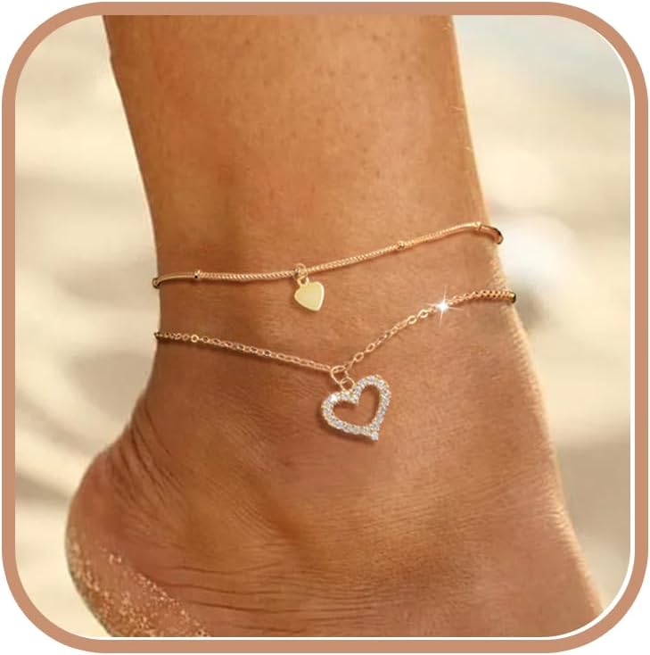 925 Sterling Silver Heart CZ Anklets Bracelet for Women 14K Gold Plated Created Layered Anklet Bracelet Dainty Beads Heart Anklets for Mother Ankle Chain Beach Wedding Mothers Day Jewelry Gift for Her