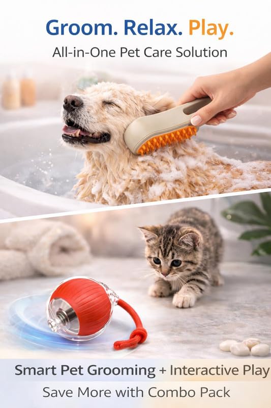 Image of Interactive Pet Toy Combo | Electric Auto-Rolling Ball with Tail + Silicone Grooming Brush for Dogs & Cats | Safe, Non-Toxic | Indoor Play & Grooming Set |