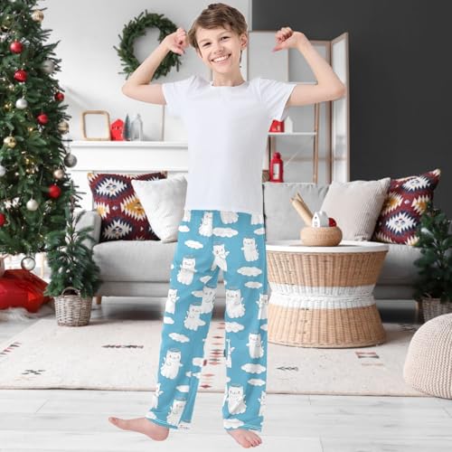 Boy's Pj Pants White Angel Cat Fly Cloud Blue Lounge Bottoms Elastic Waist Kids Joggers with Pockets Size 6-142
