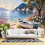 Murales de pared de tamaño personalizado, paisaje costero en la playa, costa floral, bahía mediterránea, paisaje de verano, tela de pared autoadhesiva (sin PVC), papel tapiz extraíble para sala de