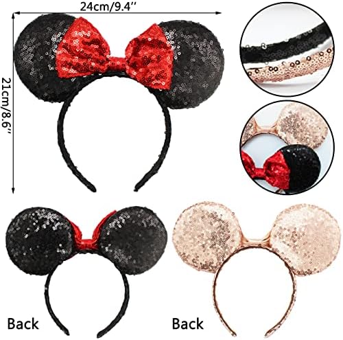 Uooker 2 Pcs Mouse Ears Hair Bands for Women Girls, Glitter Sequin Hair Headband with Cute Bow, Birthday Outfit Lovely Headwear Accessories for Party Decoration Cosplay Costume (Black & Gold)