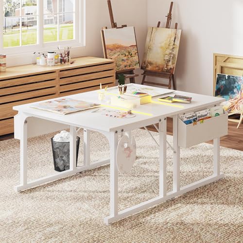 Image of DurayLoly 32 inch Computer Desk with Waterproof LED Lights,Bedroom Study Desk for Teens, Dorm Room Essentials,Headphone Hook&Storage Bag for Small Spaces,Sturdy Metal Frame,White