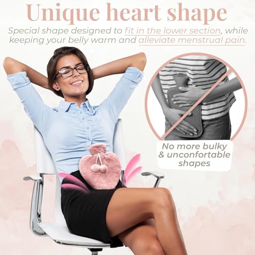 Image of Nuvex Heart Hot Water Bottle with Fluffy Cover & Pom-Poms 1 Litre, Hot & Cold Compress for Period Cramps, Back, Knee & Shoulder Pain Relief, Heat Therapy for Women, Menstrual Care & Winter Comfort, Pink