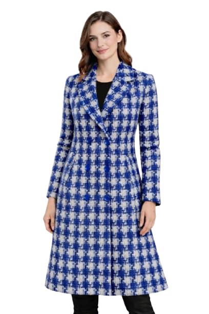 Women's Long Coat Blue & White Houndstooth-picture-22