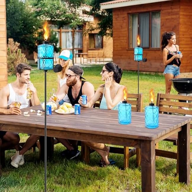 Glass Citronella Torches Set of 4, 12 Oz Outdoor Garden Torch with 5-Prong Grounded Stake, 59 Inch Glass Torch for Home D¨¦cor, Outside Torches for Backyard, Garden, Patio, Blue